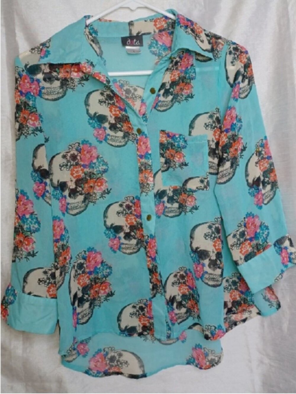 Womens Blouse Size S Floral Skull Whimsigoth Y2K Dots VTG Sheer Shirt